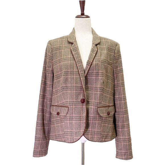 Lands End Glen Plaid Single Button Blazer Tan & Brown Leather Buttons Size 16 - Picture 2 of 15